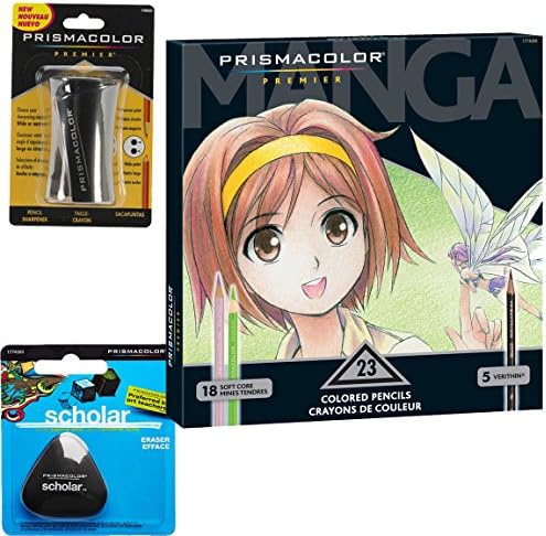 Prismacolor Premier Colored Pencils 23-Count Manga Colors, Triangular Scholar Pencil Eraser and Premier Pencil Sharpener