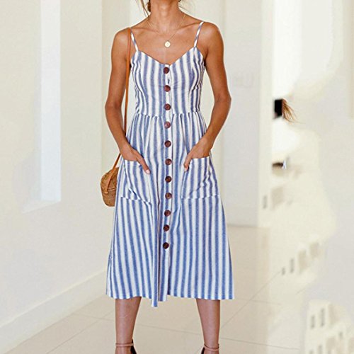 Party Long Dress,Clearance! AgrinTol Womens Holiday Striped Ladies Summer Beach Buttons Dress (3XL, Blue) - Thumbnail 3