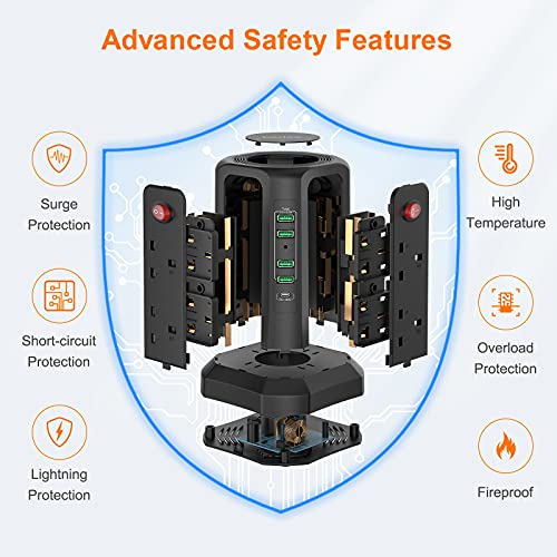 Tower Extension Lead 5M, bedee Plug Extension with 5 USB Slots (1 USB C /18W Fast Charging) and 8 Outlets, Surge Protector Power Strip Tower for TV PC Laptops iPhones with 5M Extension Cord, Black