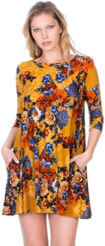 Cody Line Women's 3/4 Sleeve Print Side Pocket A-Line Tunic Dress (2X-Large, C7659SKBO Mustard)