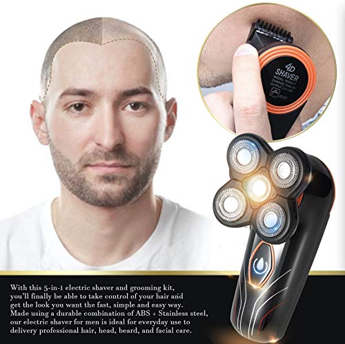 5 in 1 Grooming Kit For Men Cordless 4D Electric Head Shaver with Sideburns Knife, Head Hair Trimmer, Nose and Ear Trimmer, Facial Cleansing Brush and Soft Face Sponge - Thumbnail 2