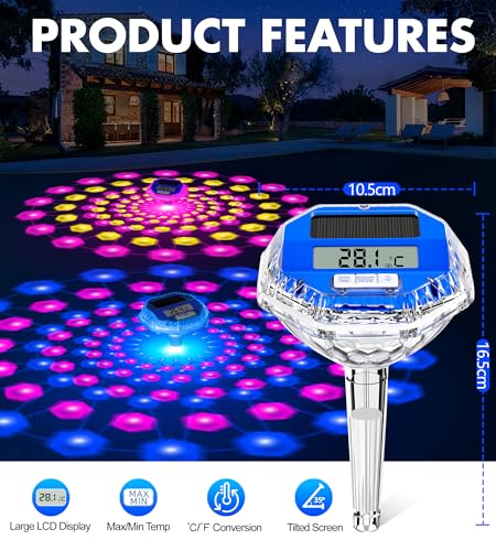 LuxBlue Solar Swimming Pool Thermometer, Floating Pool Thermometer with Underwater Light Show, Digital Swimming Pool Thermometer with Large LCD Display, Easy to Read IP68 Digital Pool Termometer