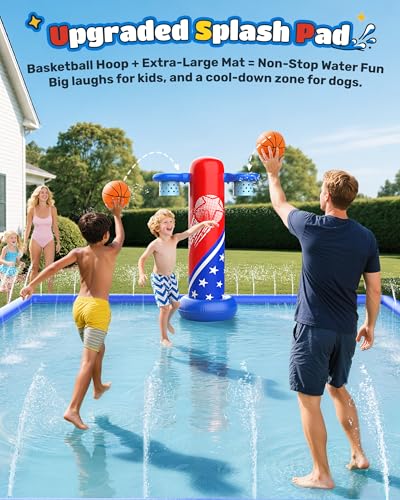 ODOSOLA 137x118'' Large Splash Pad for Kids 3-12 & Dogs, 2-in-1 Sprinkler Pad with Basketball Hoop/Ball Toss, Thickened Non-Slip Water Mat, Foldable Outdoor Summer Toy for Backyard/Pool/Beach
