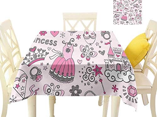 firee Elegant Waterproof Spillproof Polyester Fabric Table Cover Princess Pop Slipper Icons Fairy Castle Butterfly Heart Wand Diamond Tiara W54 x L54, Indoor Outdoor Camping Picnic