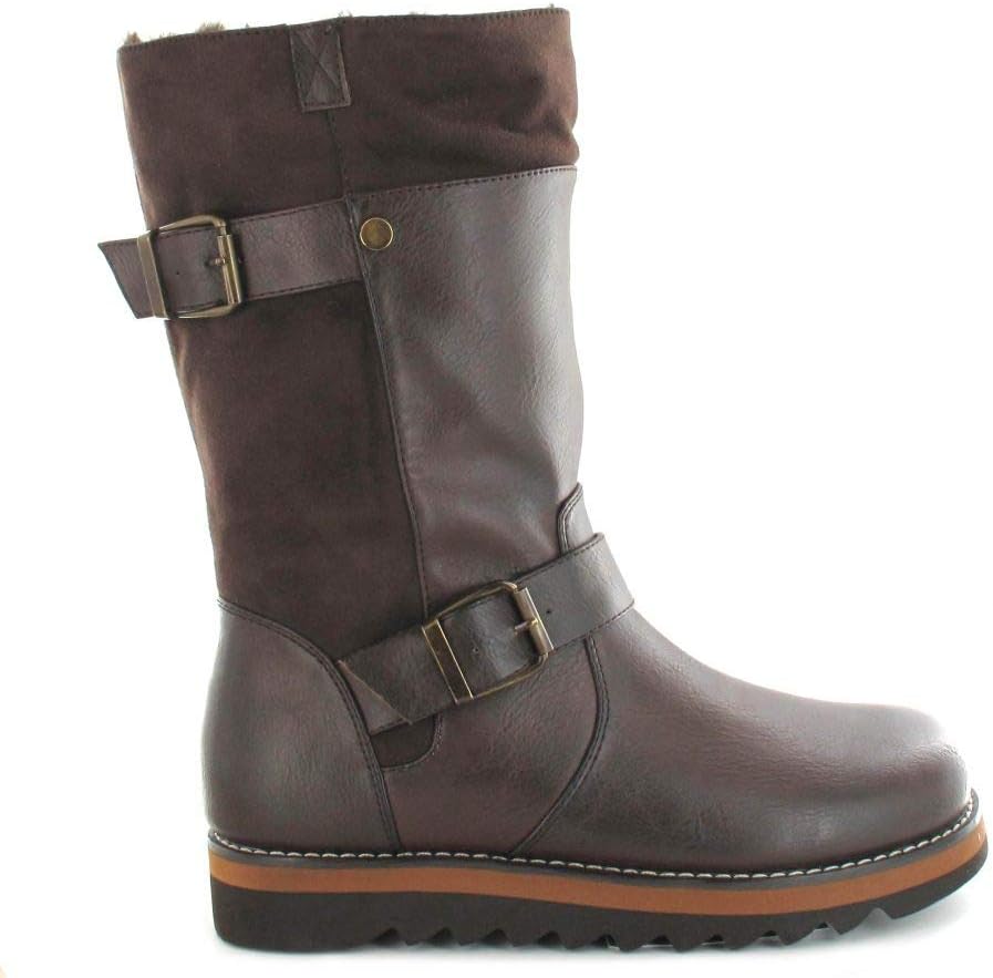 ella shoe Willow Faux Leather Fur Vegan Boots Mid Calf Winter Zip (7 UK, Brown)