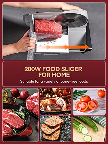 Meat Slicer with 2 * 19cm Blade, Electric Bread Slicer Machine for Home Use 200W, FOHERE Deli Food Cutter, 0-15mm Adjustable Thickness for Cheese, Bread, Include Safety Food Pusher, Silver