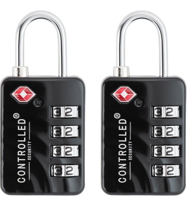 Controlled Security TSA Approved Luggage Locks - Pack of 2 - Black 4 Digit Combination Locks for Luggage, Backpacks & Lockers