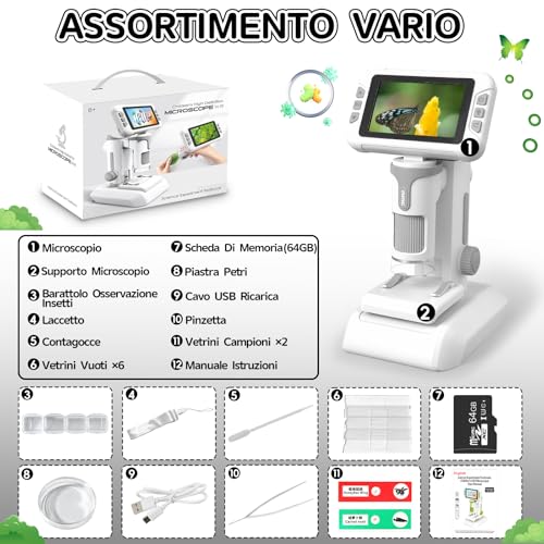 Charmofun Children's Microscope, Digital Microscope with 64GB Memory Card, Portable Microscopios for Children with 4 Inch LCD Screen, 1600X Magnification, Photo and Video, Portable and Fixed Function