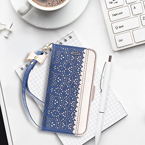 WWW iPhone Xs Max (6.5 inch) 2018 Case, [Luxurious Romantic Carved Flower] Leather Wallet Case with [Inside Makeup Mirror] and [Kickstand Feature] for iPhone Xs Max 6.5'' (2018 Released) Navy Blue - Thumbnail 6