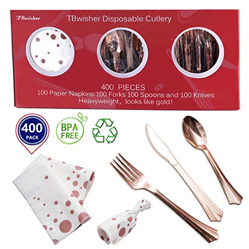 TBwisher 400 Pieces Rose Gold Disposable Flatware - Heavyweight Plastic Cutlery - Disposable Plastic Silverware Set - Includes 100 Paper Napkins, 100 Forks, 100 Spoons, 100 Knives