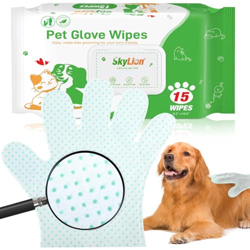 15 COUNT DOG WIPES PLANT OIL GROOMING GLOVES BATH WIPES WATERLESS CAT SHAMPOO PETS WIPES FOR PAWS, BUTT, FACE AND FUR