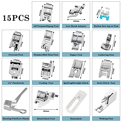Universal 15 Piece Sewing Machine Presser Walking Feet Kit - OEM Suitable for Babylock Janome Brother New Home Singer Kenmore Simplicity Toyota Necchi