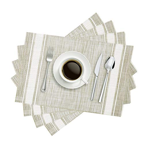 YOSICHY Placemats for Dining Table Crossweave Woven Vinyl Placemat Set of 6 Heat Resistant Non-Slip Kitchen Table Mats Washable(White)