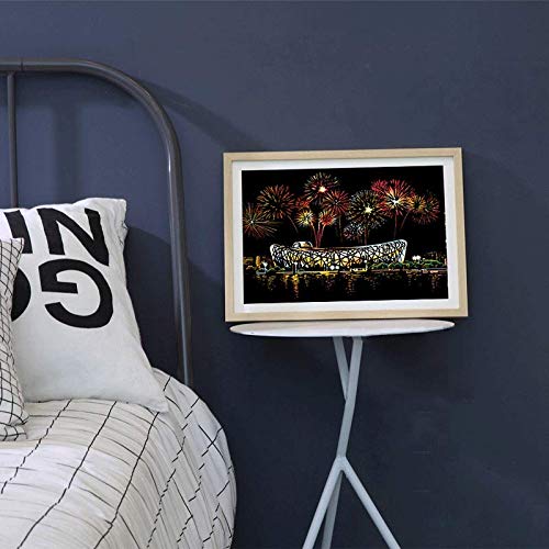 MIASTAR Scratch & Sketch Art for Kids & Adults, Rainbow Painting Night View Scratchboard(A4), Art & Craft, Scratch Art Set: 4 Sheets Scratch Cards & Scratch Drawing Pen, Clean Brush (City Fireworks) - Thumbnail 4
