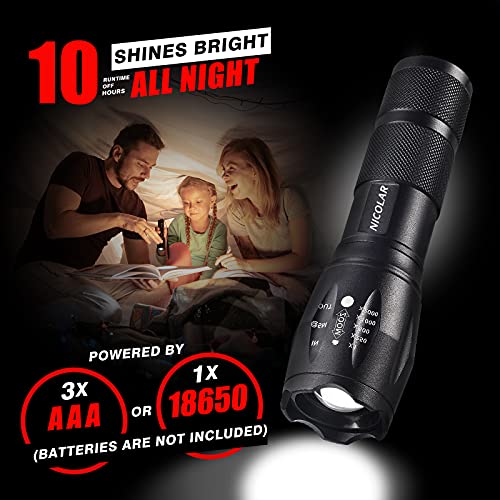 Nicolar LED Tactical Flashlight [2 Pack] - High Lumen, Zoomable, 5 Modes, Water Resistant Flashlight,Camping Accessories, Emergency Gear,Powerful Handheld Flashlight for Hiking Outdoor