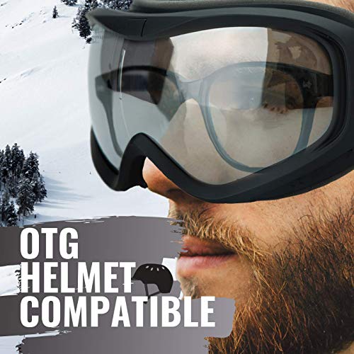 devembr OTG Ski Goggles Clear, Snowboard Goggles Anti-Fog,100% UV Protection,Anti-Slip Strap,Helmet Compatible Snow Goggles for Men & Women,Skiing Snowmobile Skating, Black Frame,Silver Lens (VLT 8%)