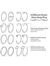 Chinco Anillo de nariz en forma de C, aretes de nariz, tragus, de aro, en forma de L, curvado, perforación de aro de cartílago, 32 piezas