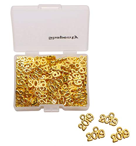 Shapenty Mini Metal Year Signet 2019 DIY Pendant Charms Accessory Bulk for Bracelet Necklace Earrings Keychain Tassels Cellphone Crafting Jewelry Making Christmas Graduation Party Decor, Gold, 100PCS