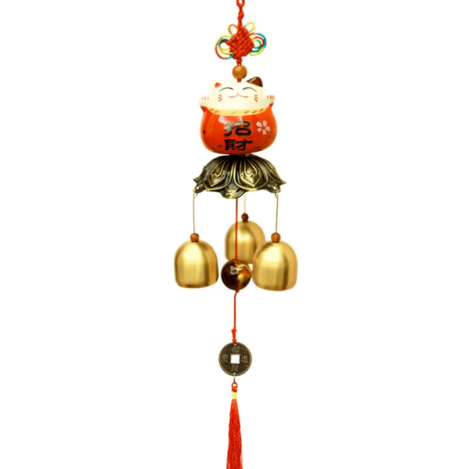 Lucky Cat Wind Chimes with Bells, Decorative Hanging Ornament