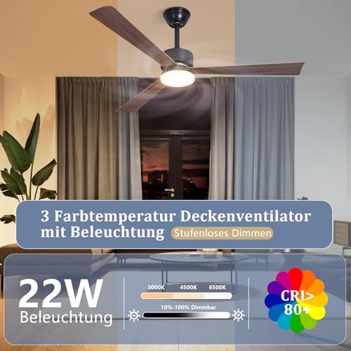 Homefire Ceiling Fan LED Light - 51.5 Inch Ceiling Light for Living Room Quiet 3 Blades Dimmable Large Size Modern Ceiling Light with Remote Control