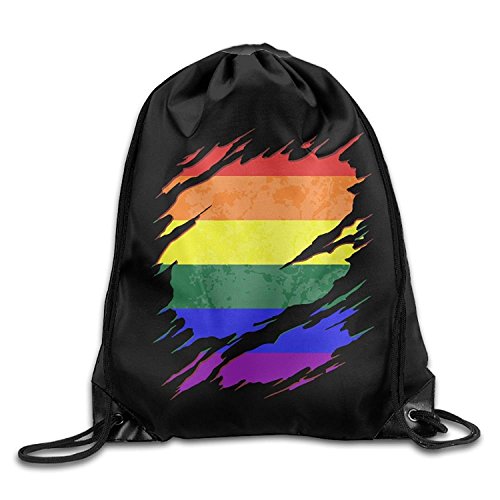YISHOWLGBT Gay Pride Rainbow Flag Ripped Drawstring Pack Beam Mouth Gym Sack Rucksack Shoulder Bags For Men & Women