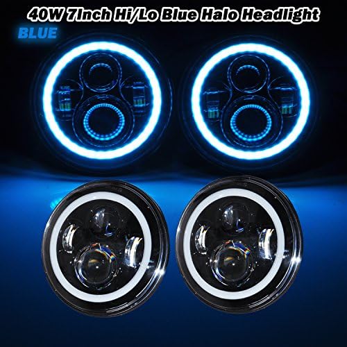 Ohmu 40W 7 Inch Round Blue Halo Turning Signal Light Halo Ring Angel Eye Osram Led Headlights Turning Signal Lights Day Running Light for Jeep Wrangler JK TJ CJ Harley Headlight DRL (Blue Halo)