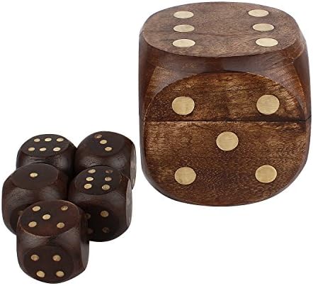 Fathers Day Gifts - GoCraft Handmade Wooden 5 Dice Set in a Cute Square Dice Box Holder with Brass Inlays - 4"X4"