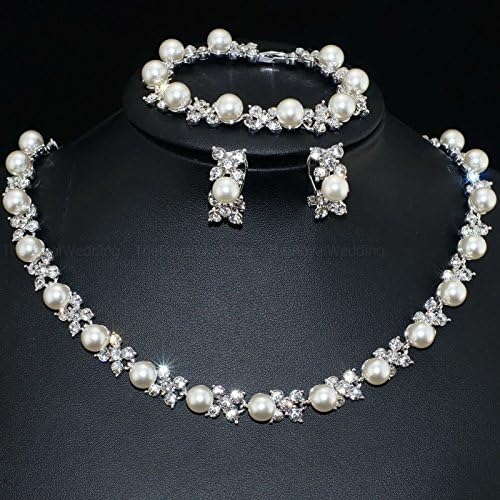 VF Clear Austria Crystal Alloy Pearl Earrings Bracelet Necklace Bridal Set Wedding Prom VP409