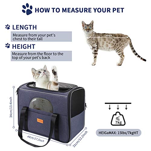 pueikai Pet Carrier Bag, Portable Breathable Pet Travel Bag for Cat and Dog of 15 lbs, Airline Approved Cat Carrier Travel Bag with Safety Inner Leash, Foldable Bowl, Washable Soft Mat