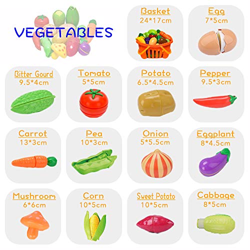 102 Pieces Pretend Cutting Play Food Set for Toddlers 3 Years+ Kitchen Toys Fun Cutting Fruits Vegetables Pretend Food Playset for Children Girls Boys Educational Early Age Basic Skills