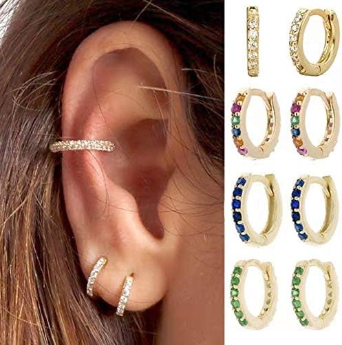 LASISZ Inlaid Multicolor Crystal&Zircon Simple Small Hoop Earrings Skinny Rainbow Boho Classic Huggies Earrings Cartilage Buckle,Golden,Black