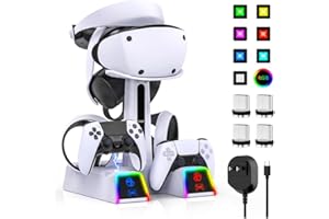 AUARTE RGB Charging Station for PSVR 2/ PS5 Edge/ PS5 Controller with AC Adapter, PSVR2 Stand with PS VR2 Accessories for PS5VR2 Headset and Dualsense Controllers+ VR2 Charging Dock+ 10 Light Mode