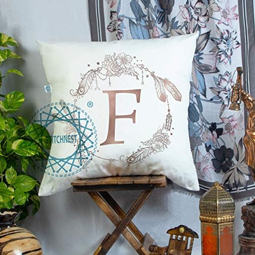 STITCHNEST Satin Alphabet Initial Vintage Monogram Personalised Letter 'F' Printed Cushion Cover (White and Rose Gold, 12x12-inch)