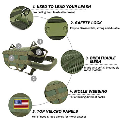 EJG Tactical Dog Molle Harness, with 3 Detachable Pouches & Velcro Area, No Pulling Design, Comfy Mesh Padding, Service Dog, Military Training, Hunting, Vest for Medium & Large Dog