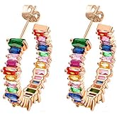 Savlano 14K Gold Plated Cubic Zirconia Multicolor Rainbow Round Hoop Stud Earrings for Women Comes with a Gift Box