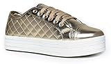 Quilted Lace Up Platform Sneaker - Round Toe Comfortable Flat Sporty leather Casual Walking Shoe