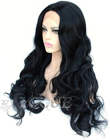 Exvogue Synthetic Long Black Hair Wig Wavy Lace Front African American Women Wigs with Side Part Heat Friendly #1B Color