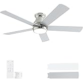 POCHFAN 52 Inch Brushed Nickel Ceiling Fans with Lights and Remote,LED Low Profile Flush Mount Ceiling Fan for Bedroom, Living Room,Patio,Quiet DC Motor,5 Blades