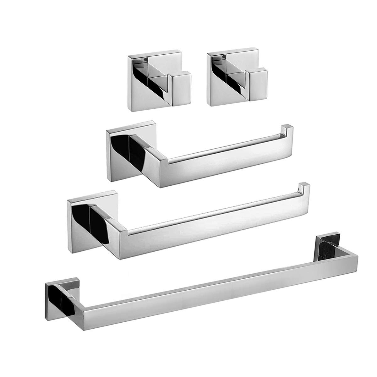 ThinkTop Bathroom Accessory Set, Stainless Steel Chrome Finish Wall Mount Square, 5-Piece Bath Collection Set Towel Ring Hanger, 24 Inch Towel Bar Rack, Toilet Roll Holder, 2 X Robe Hooks