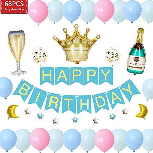 JUSTIDEA 68 PCS Blue Balloons Decorations for Adult Birthday Parties Kids Girls and Children Included Bottle of Wine Globe Wine Glass Globe Crown Crown Aluminum Foil Party Balloons Banner