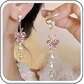 Yheakne Pink Crystal Butterfly Dangle Earrings Teardrop Rhinestone Tassel Earrings Long Linear Cz Drop Earrings Gold Cz Butterfly Drop Earrings Jewelry for Women