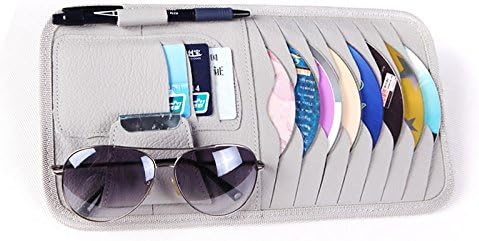 Car Sun Visor Sunshade CD DVD VCD Disc Sleeve Wallet PU Leather Storage Case Holder with Glasses and Cards Organizer Clips Grey Color