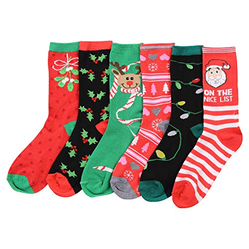 Womens Fun and Colorful Crew Sock 6 Packs (Christmas 2), One Size