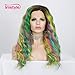IMSTYLE Multicolor Lace Front Wigs Rainbow Colorful Green Wigs Loose Curl Dark Root Synthetic Hair Wig Glueless Heat Resistant with Natural Hairline 22 Inch