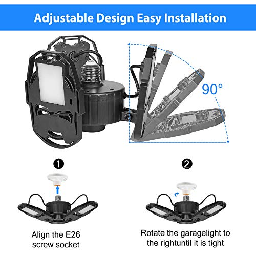 2 Pack 80W LED Garage Lights, Deformable Garage Light with 3 Adjustable Wings, 8000LM, E26 LED Shop Light, Barn Light, High Bay Light, Ceiling Lighting Fixture for Warehouse (No Motion Detection)