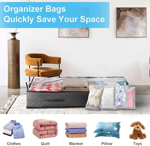 SKY-TOUCH 4PACK Underbed Storage Box, with Zip lock Bags - Under bed Storage Box with PVC Window for Clothes, Duvets, Comforters, Blankets, Bedding, Quilts - 100x50x18cm, Grey 90L