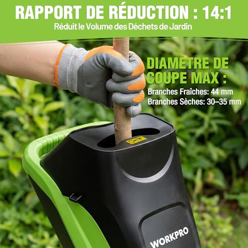 WORKPRO Electric Plant Crusher 2500W, Max Cut 44mm, SK5 Double Edge Blades, 2 Bags 45L, 7L Hopper, 18cm Wheels, with Pruning Shears Included, for Branches, Green Waste and Garden Sizes