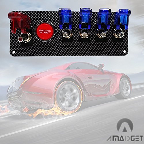 Amadget 12V Racing Car Ignition Switch Panel, Auto Engine Starter Push Button Racing Ignition Switch + 4 Blue & 1 Red LED Toggle Button Panel