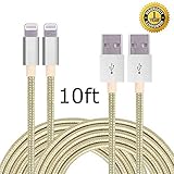IFaxnn 2pcs 10FT Lightning Cable Popular Nylon Braided Charing Cable Extra Long USB Cord for iphone 6s, 6s plus, 6plus, 6,5s 5c 5,iPad Mini, Air,iPad5,iPod on iOS9.(white+gold).