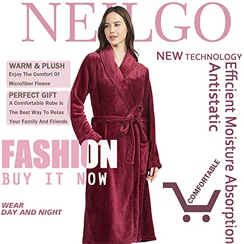 neilgo Womens Robe Plush Long Sleeve Shawl Collar Fleece Bathrobe with Pockets (Wine Red)